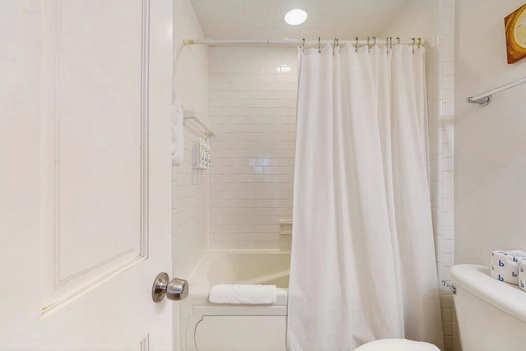 Une salle de bain avec un rideau de douche, des toilettes et un porte-serviettes.