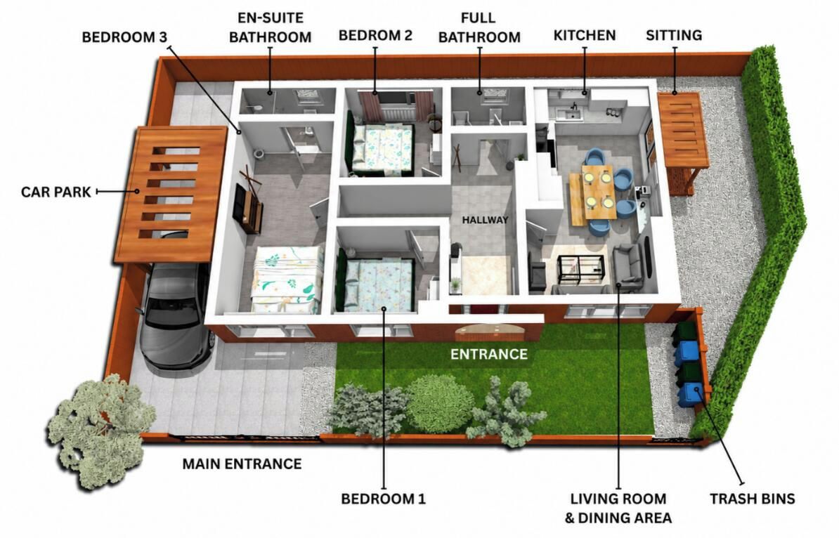 A floor plan of a residential property with three bedrooms, two bathrooms, a kitchen, a sitting area, a car park, and a main entrance.