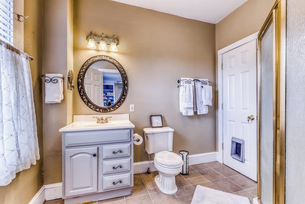 A bathroom with a white vanity, a large mirror, a toilet, and a door with a small window.