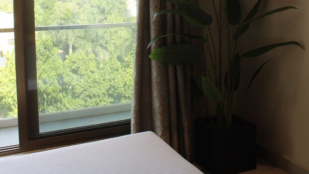 A hotel room with a large window, a bed, a potted plant, and a ceiling fan. - Studio Apt | Roof Garden | The Opus (Lahore)