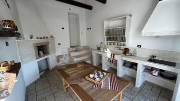 Coffee/tea maker, fridge, oven, stovetop
