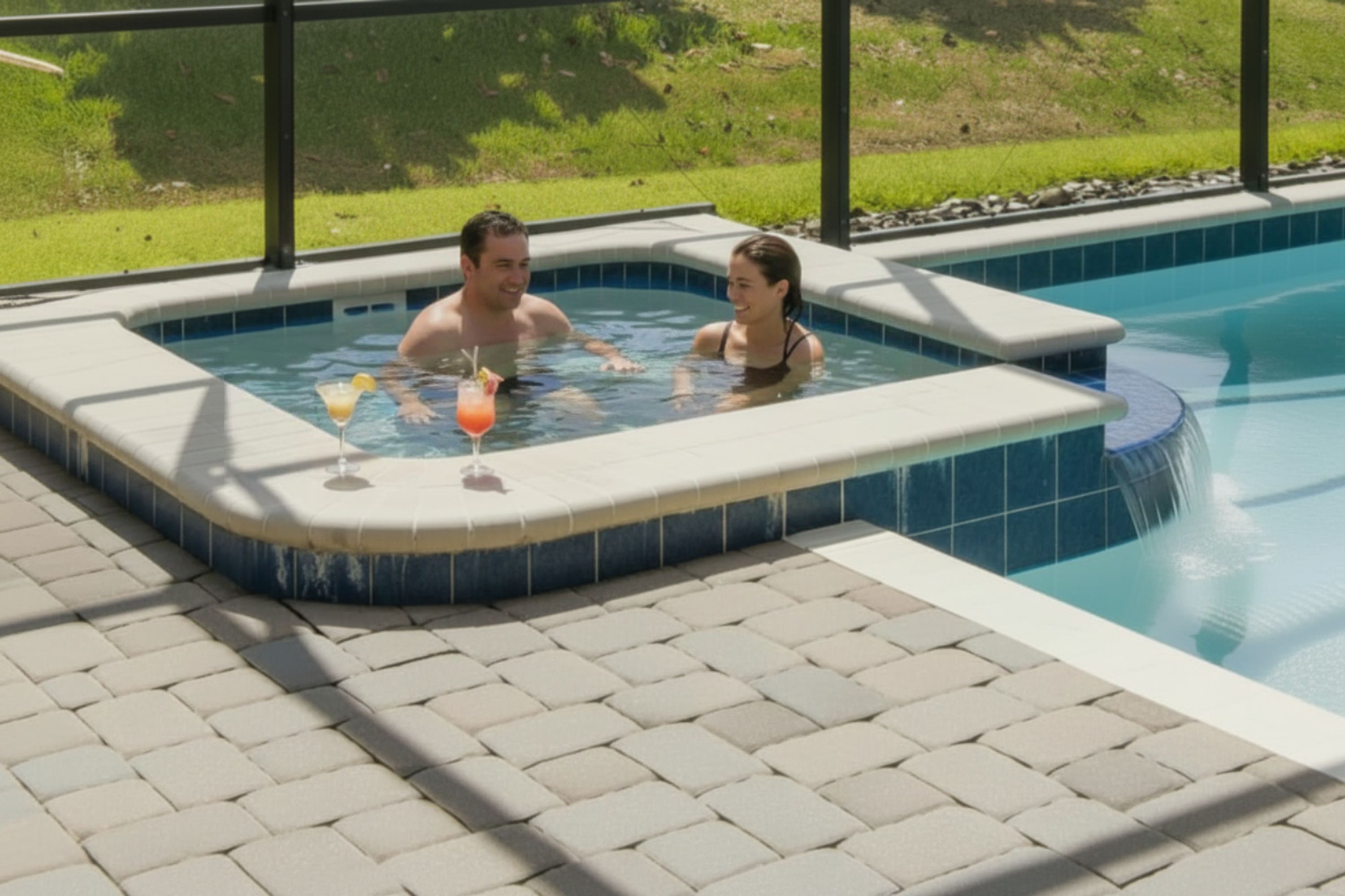 A hot tub with two people and two drinks.
