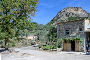 A stone building with a wooden door and a satellite dish, surrounded by olive trees and a mountain in the background.
