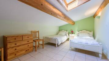 A bedroom with two single beds, a wooden dresser, a chair, and a skylight.