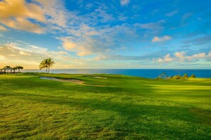Ein Golfplatz mit Pavillon, Palmen und Blick aufs Meer.