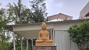 A seated Buddha statue on a pedestal in a garden setting.