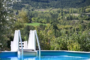 Ein Schwimmbecken mit Blick auf eine grüne Landschaft und Bäume.
