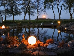 A pond with a large round light in the center, surrounded by rocks and plants. - Apartment 'Großes Mehr' with Wi-Fi (Südbrookmerland)