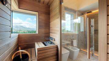 Shower, hair dryer, bidet, towels