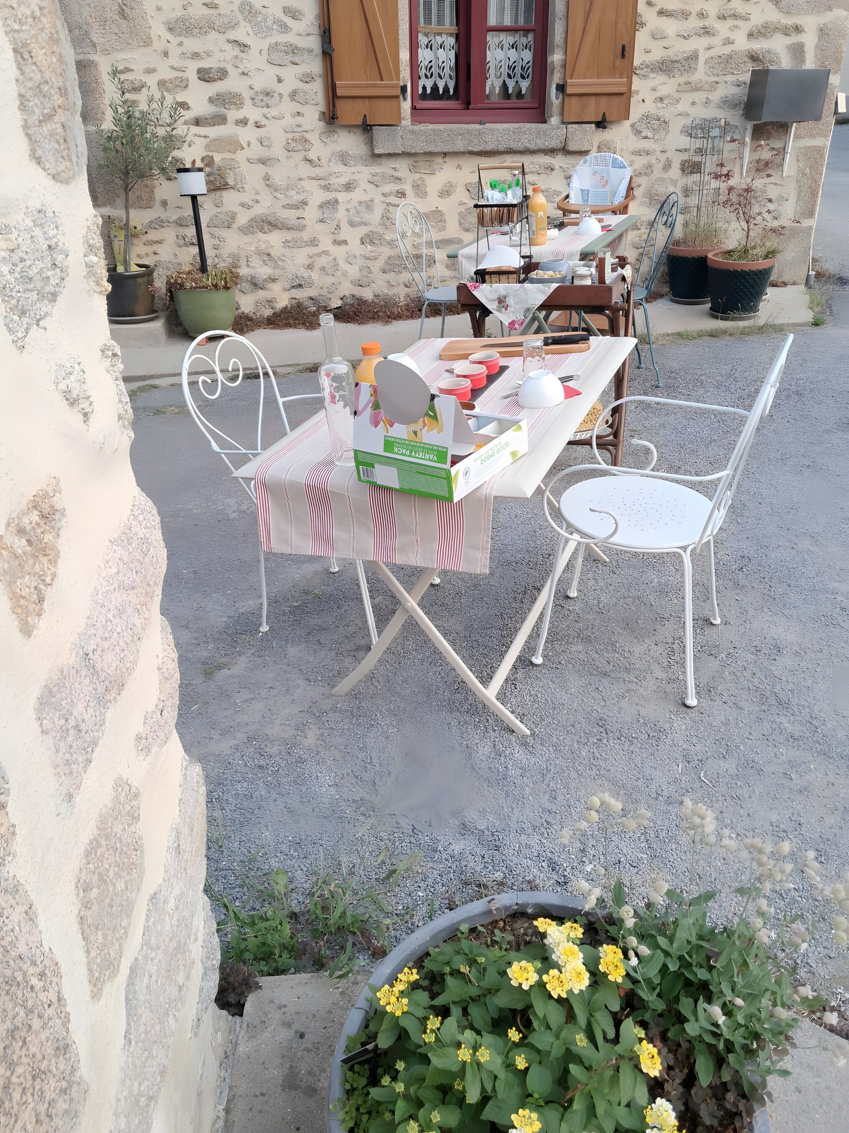 A rustic outdoor dining area with a stone wall, a table set with chairs, and a potted plant with yellow flowers.