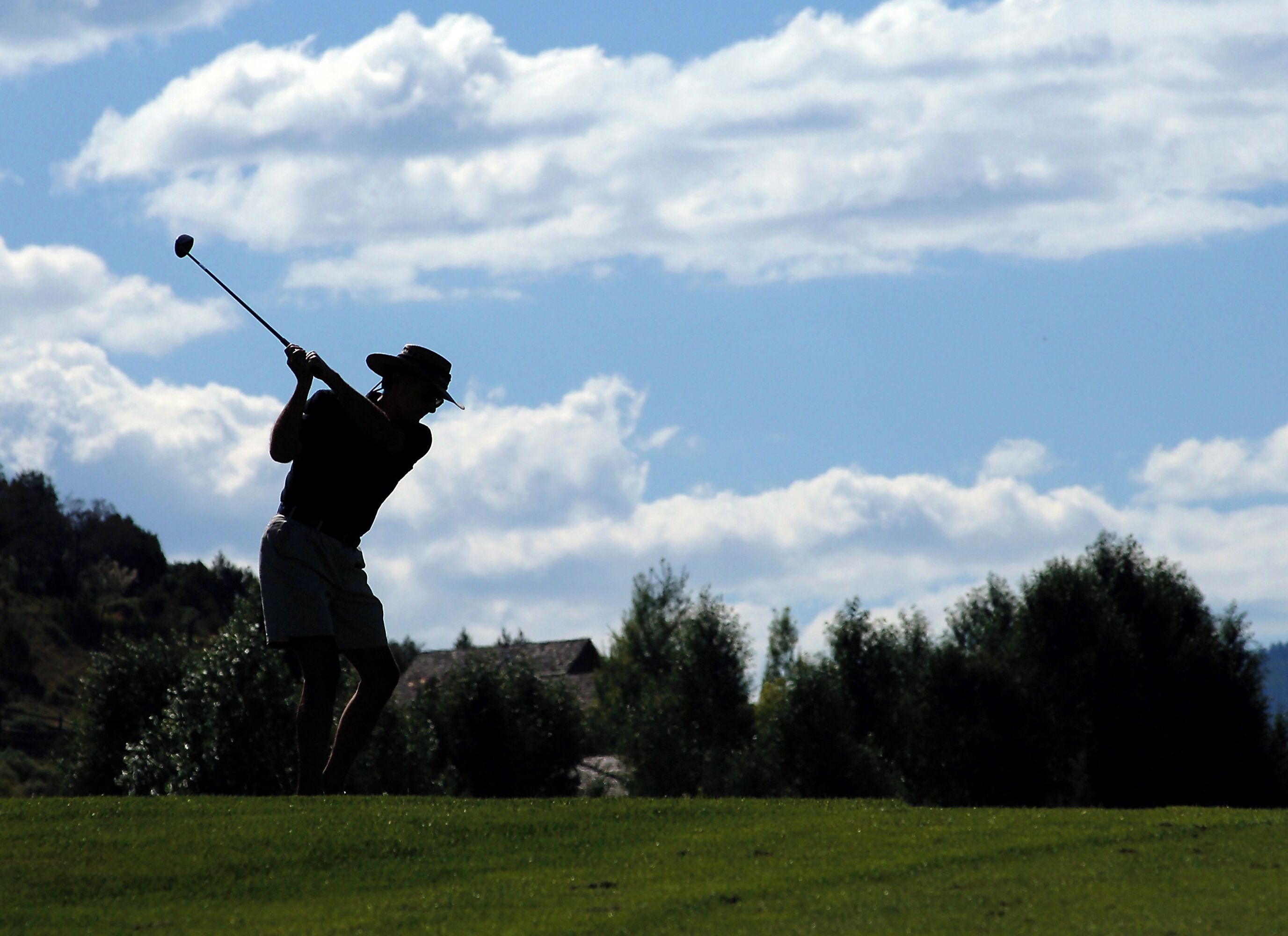 Silueta de una persona jugando golf en un campo con árboles y cielo despejado.