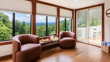 A spacious room with large windows offering a view of a forest and mountains, two leather armchairs, a small table with a pitcher and glasses, and a wooden floor.