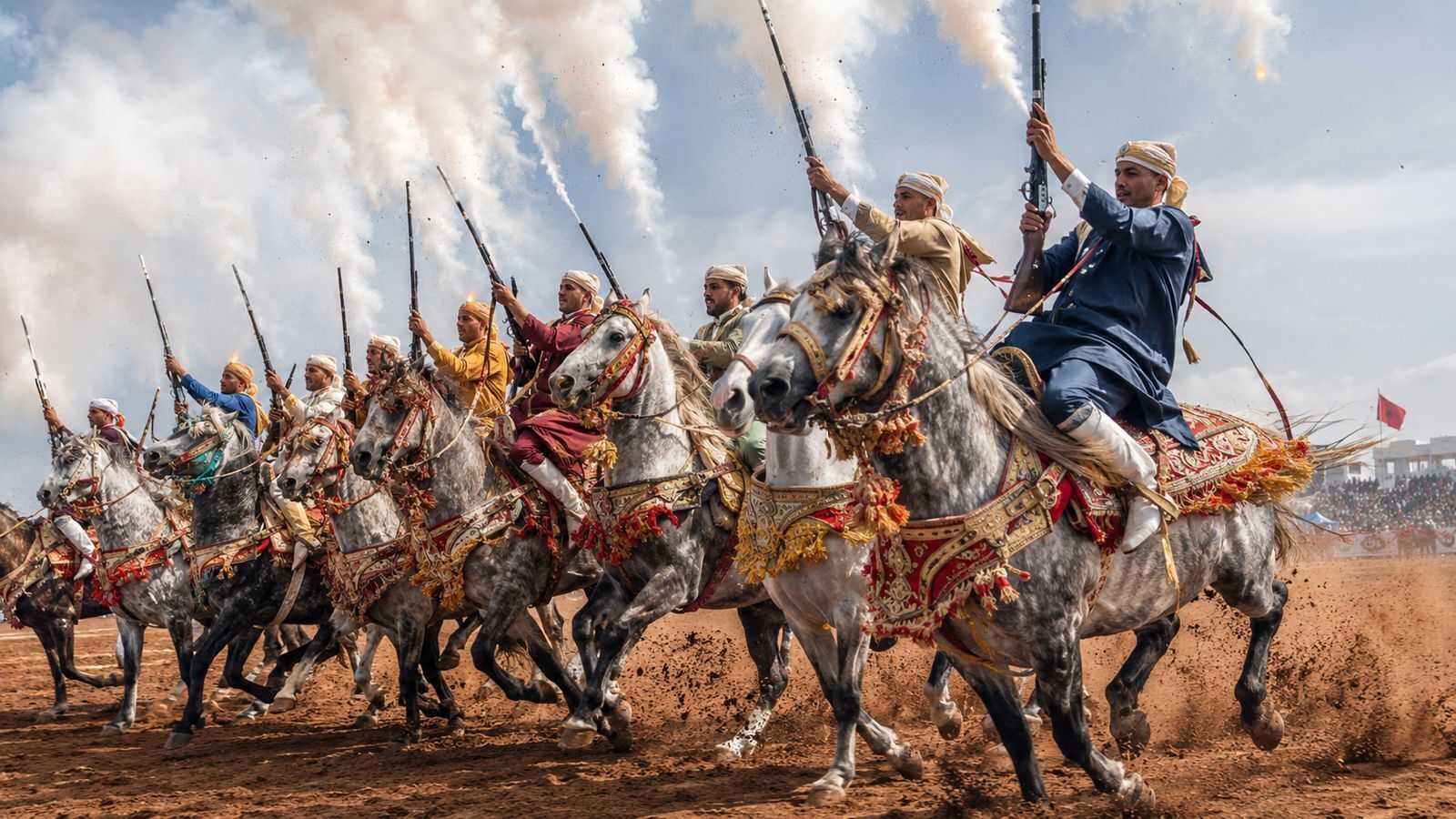 A group of riders on horses in a dusty arena, some holding spears.