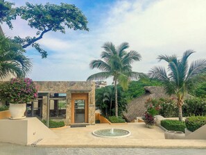 A building with a stone facade, a palm tree, and a fountain in the foreground.