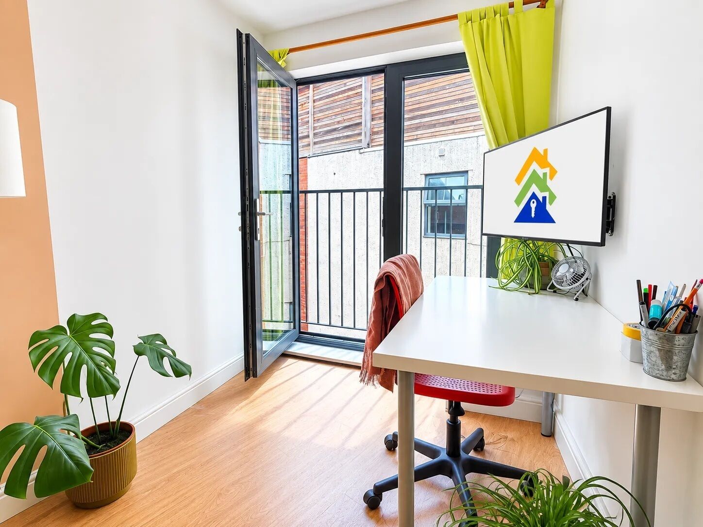 A modern office space with a white desk, a computer monitor, and a green plant.