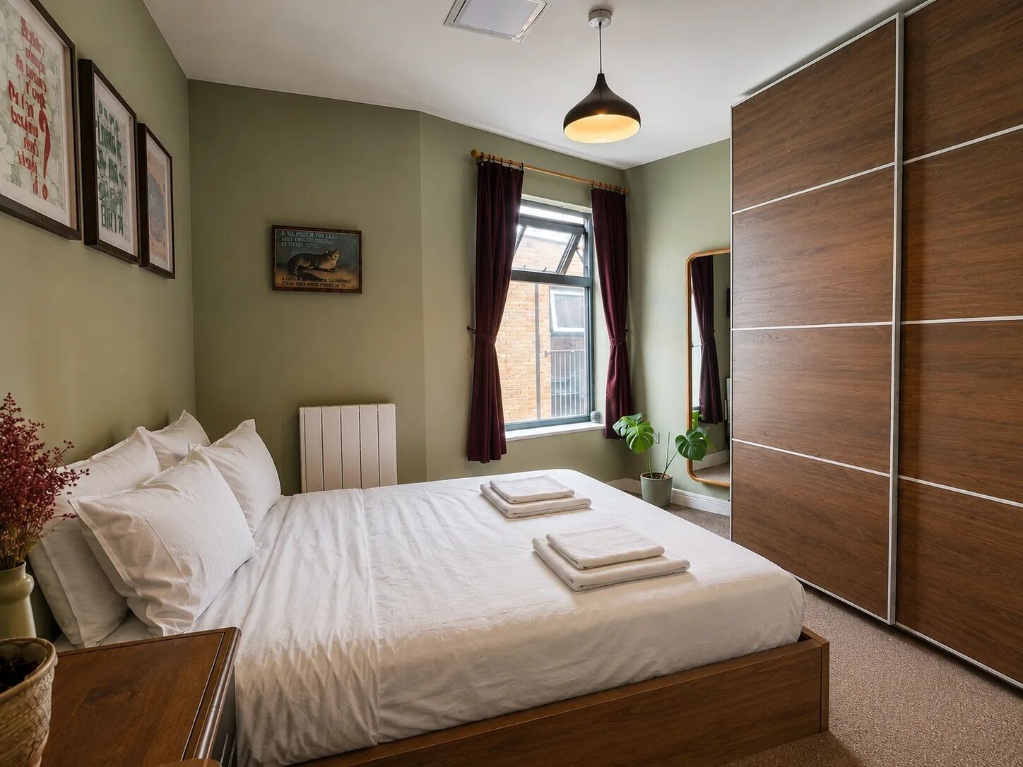 A bedroom with a bed, a radiator, a window with curtains, a hanging light fixture, and a mirror.