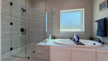 Shower, jetted tub, hair dryer, bidet