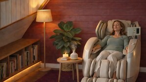 A massage chair in a room with a bookshelf, a small table with a candle, and a potted plant. - "Chambre Belle Époque" Guest Room with Shared Terrace, Garden & Wi-Fi (Guerlédan)