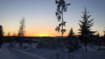 A snowy landscape with trees and a clear sky.
