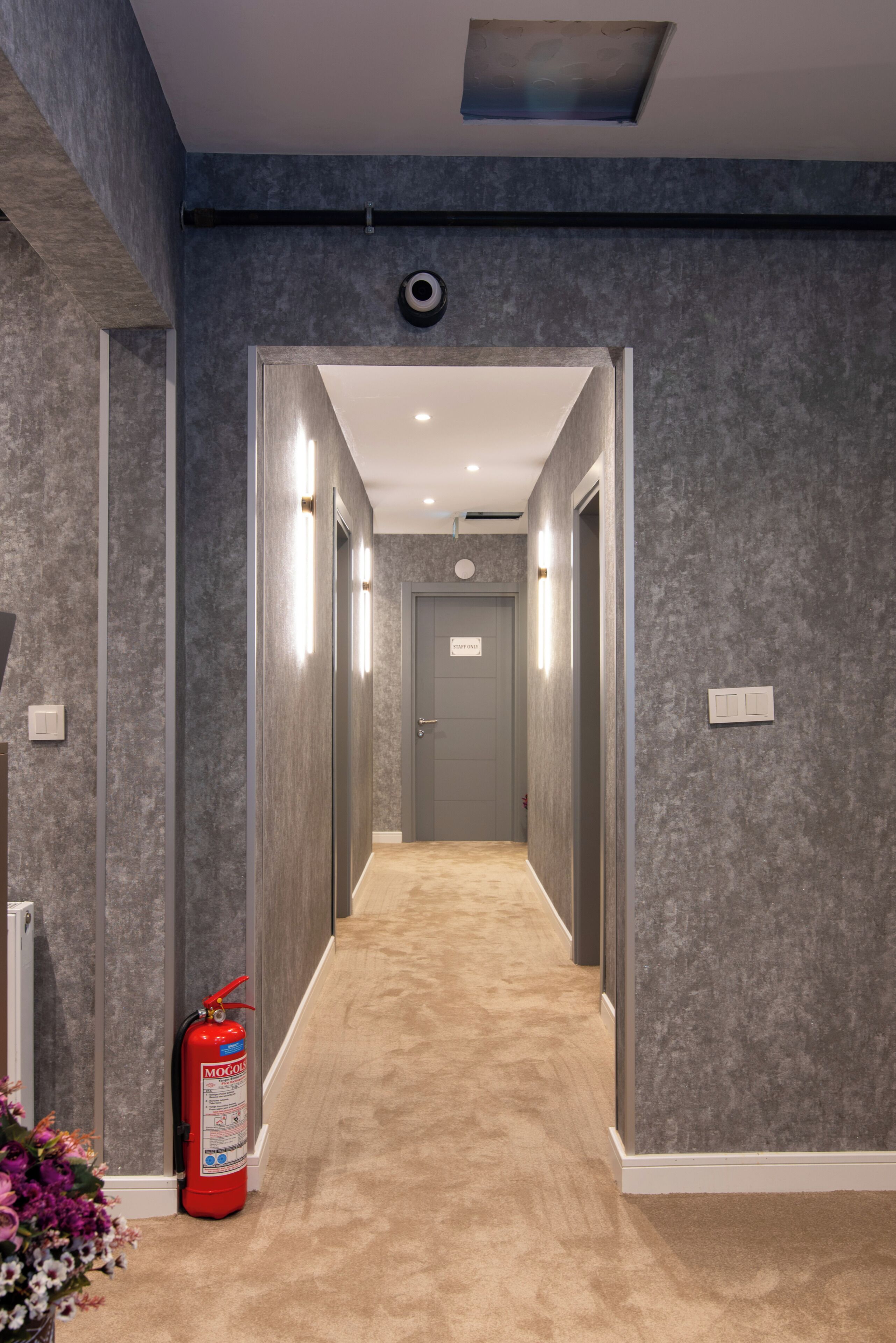 Un couloir aux murs gris, doté d’un sol recouvert de moquette et d’un extincteur placé sur le côté gauche.