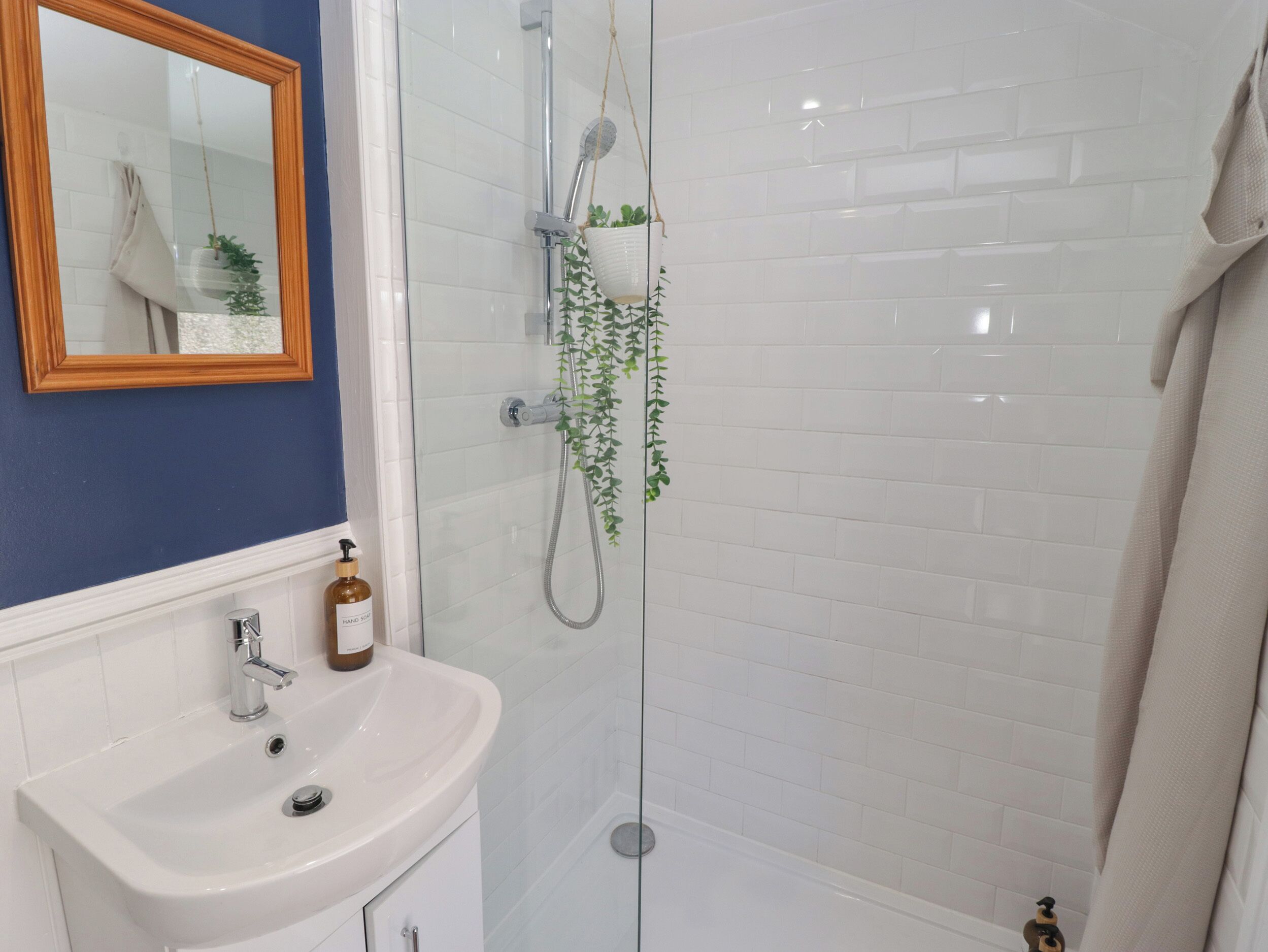 Une salle de bain avec un lavabo blanc, un miroir, une douche avec une porte en verre et une plante en pot.