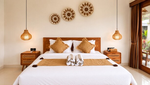A hotel room with a large bed, two bedside tables, a wooden headboard, and wall-mounted decorative items. - Eka Wisnu 2BR Private Pool Villa by TVM (Ubud)