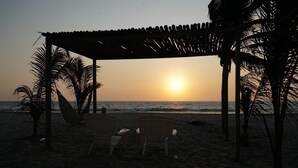 Escena de playa con una pérgola de madera, dos sillas y palmeras.