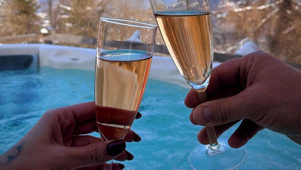 Two hands holding champagne glasses with a mountainous landscape in the background.