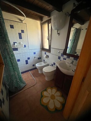Douche, sèche-cheveux, bidet, serviettes fournies