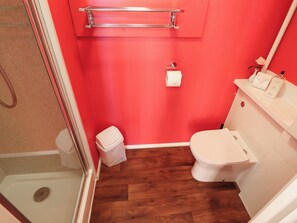 A bathroom with a red wall, a white toilet, a small trash bin, and a shower area. - The Skegness Hotel (Skegness)