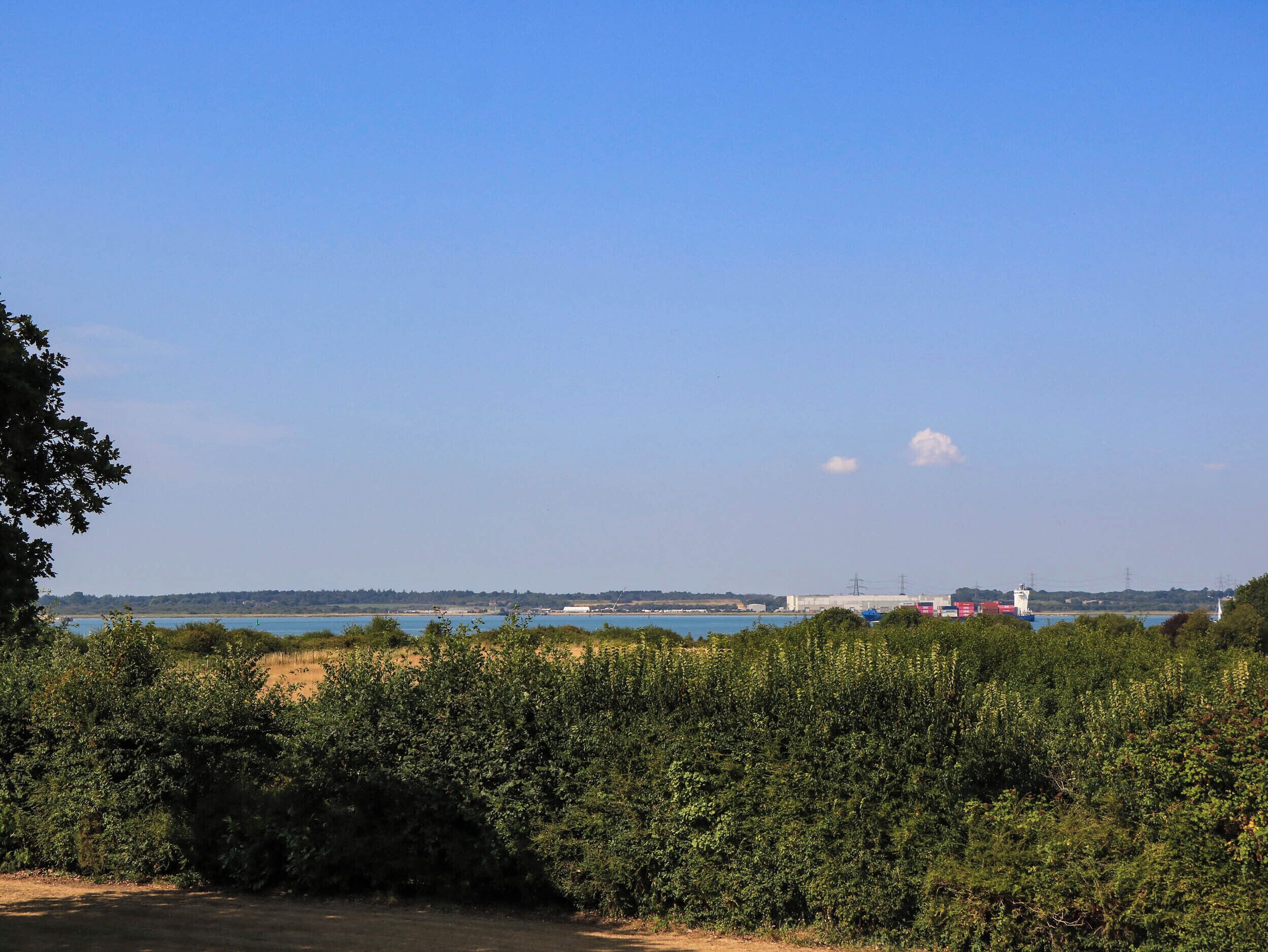 A coastal landscape with dense greenery in the foreground and a clear sky.
