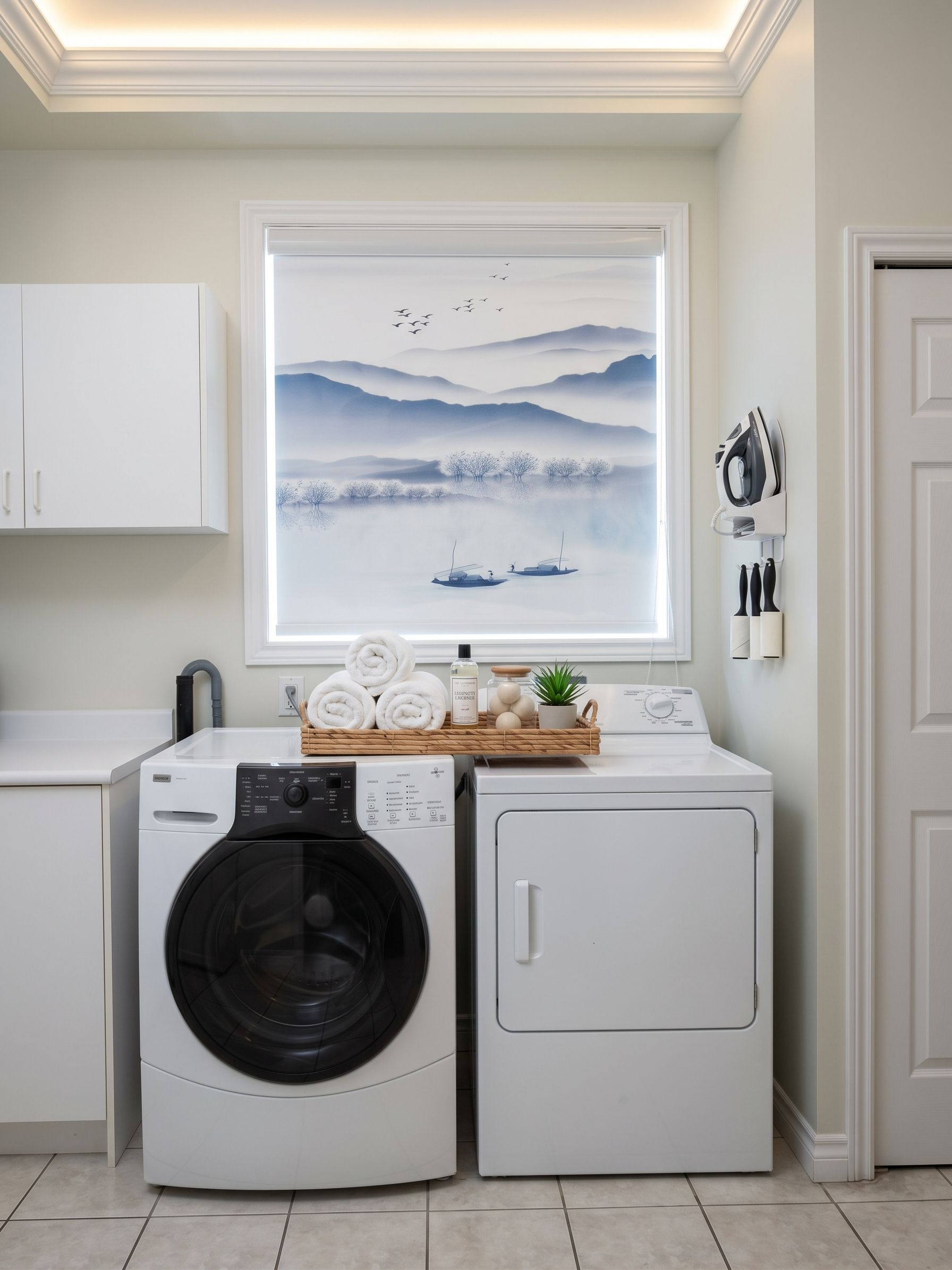 A laundry area with a front-loading washer and dryer, a drying rack with towels, and a framed landscape painting above the dryer.