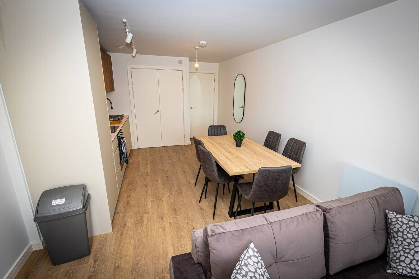 A compact living space with a dining area, a sofa, a trash bin, and a kitchen area with a bicycle.