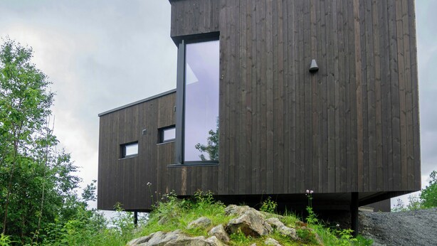 En moderne træhytte med et stort vindue og et mindre vindue, omgivet af naturlig vegetation.