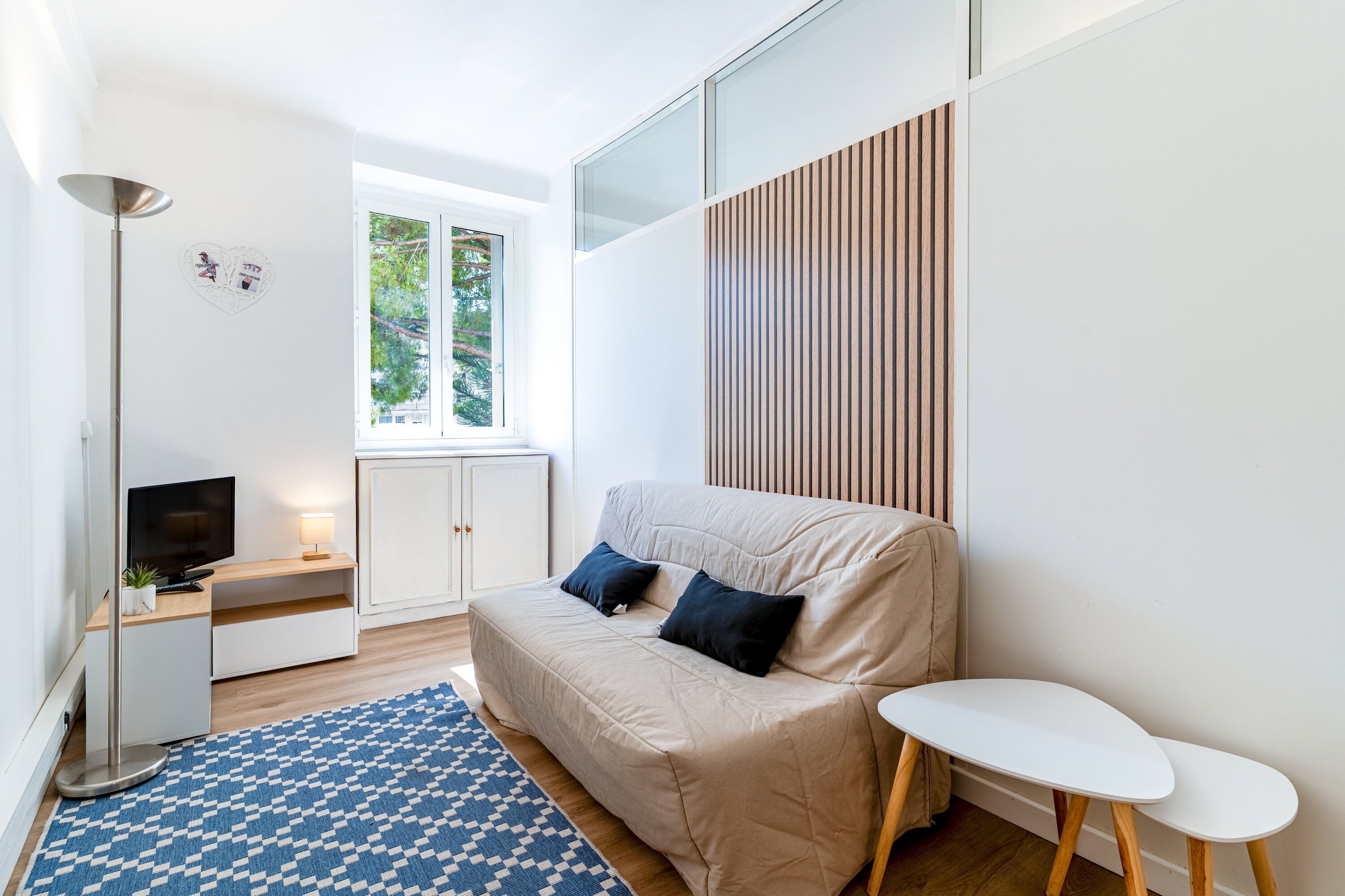 Una sala de estar moderna con un sofá, una mesita, un televisor y un tapete estampado.