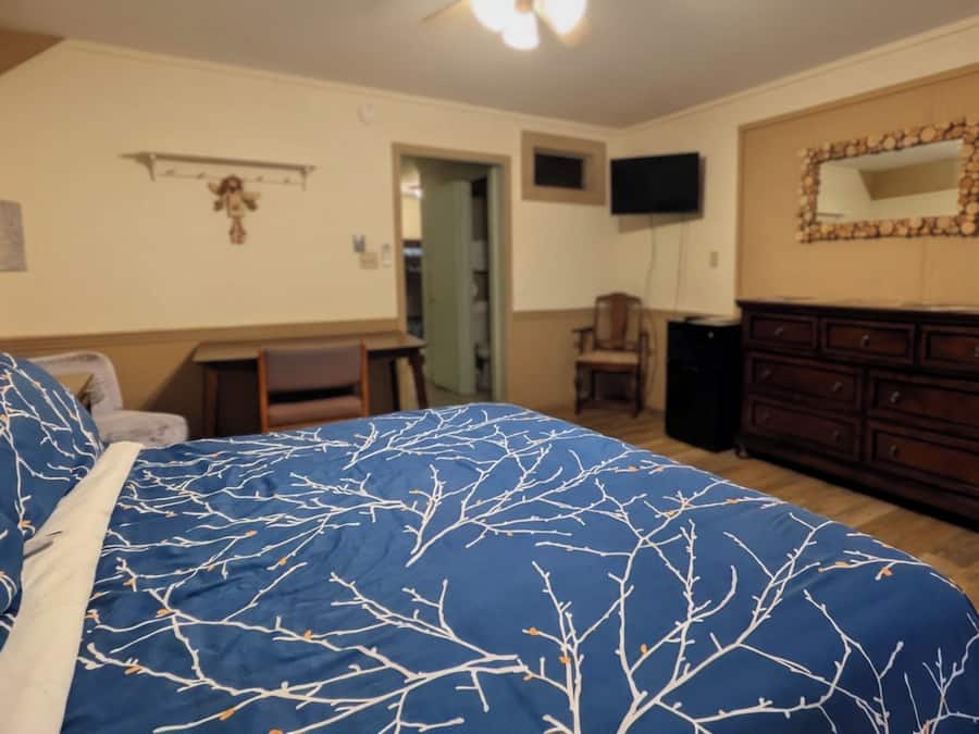Een slaapkamer met een bed, een kaptafel, een televisie en een stoel.