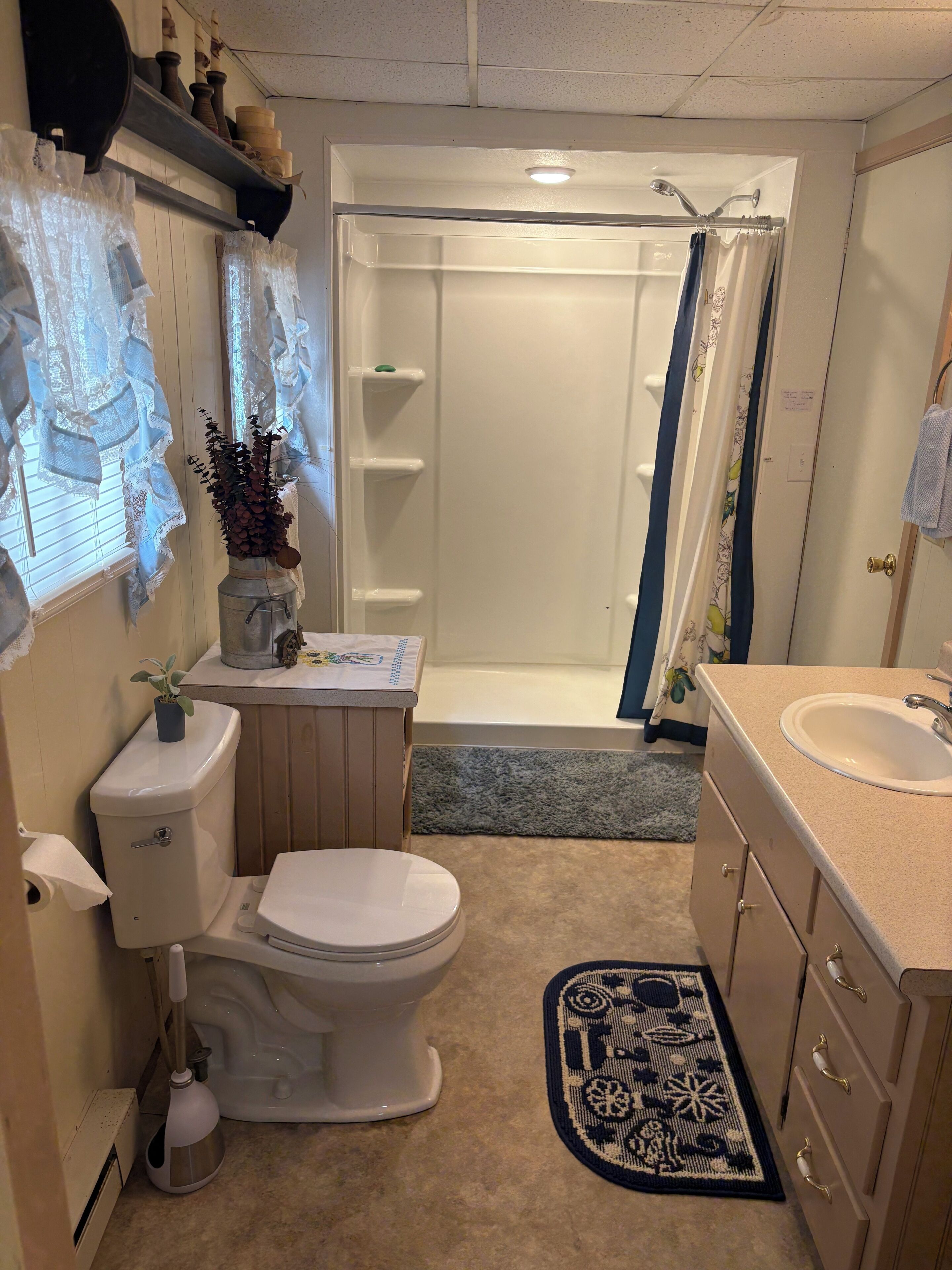 Shower, hair dryer, towels, toilet paper