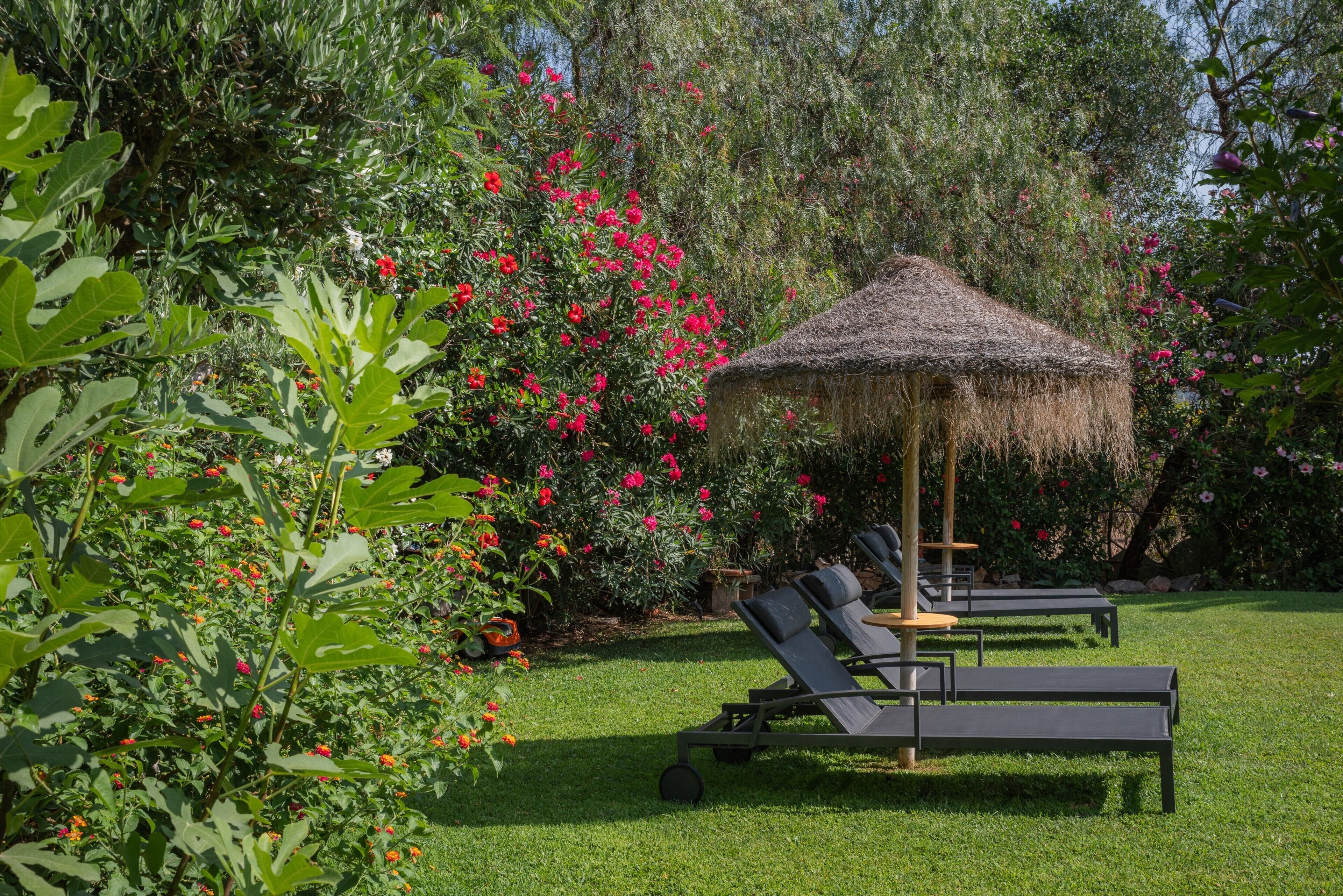 A garden with a thatched umbrella, two lounge chairs, and a variety of flowering plants.