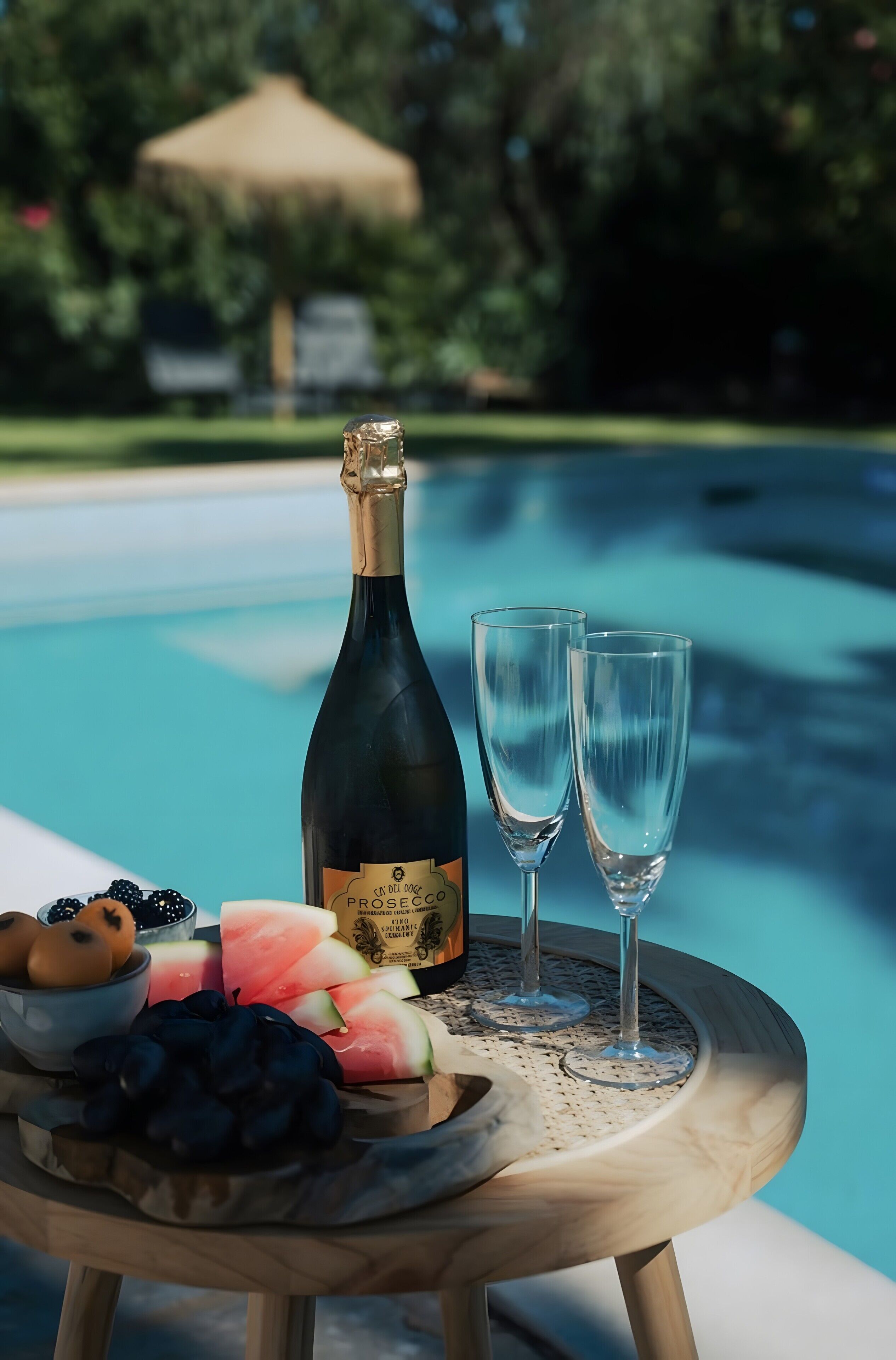 Une bouteille de Prosecco, deux verres et un panier de fruits sur une table ronde près d’une piscine.