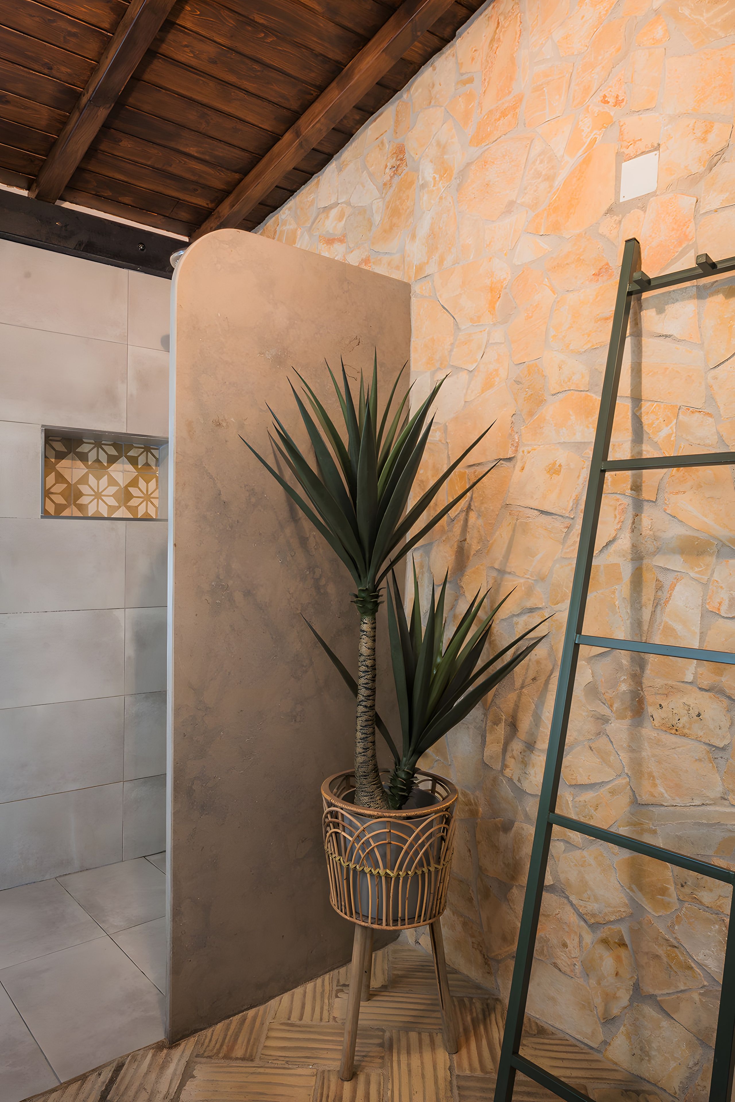 A corner room with a stone wall, a potted agave plant, a wooden ladder, and a patterned window.