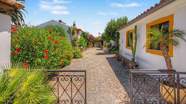 A cobblestone pathway leading through a courtyard with white buildings, red flowers, and green plants.