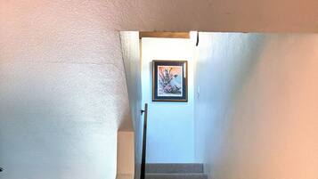 A staircase with carpeted steps leading to a landing.