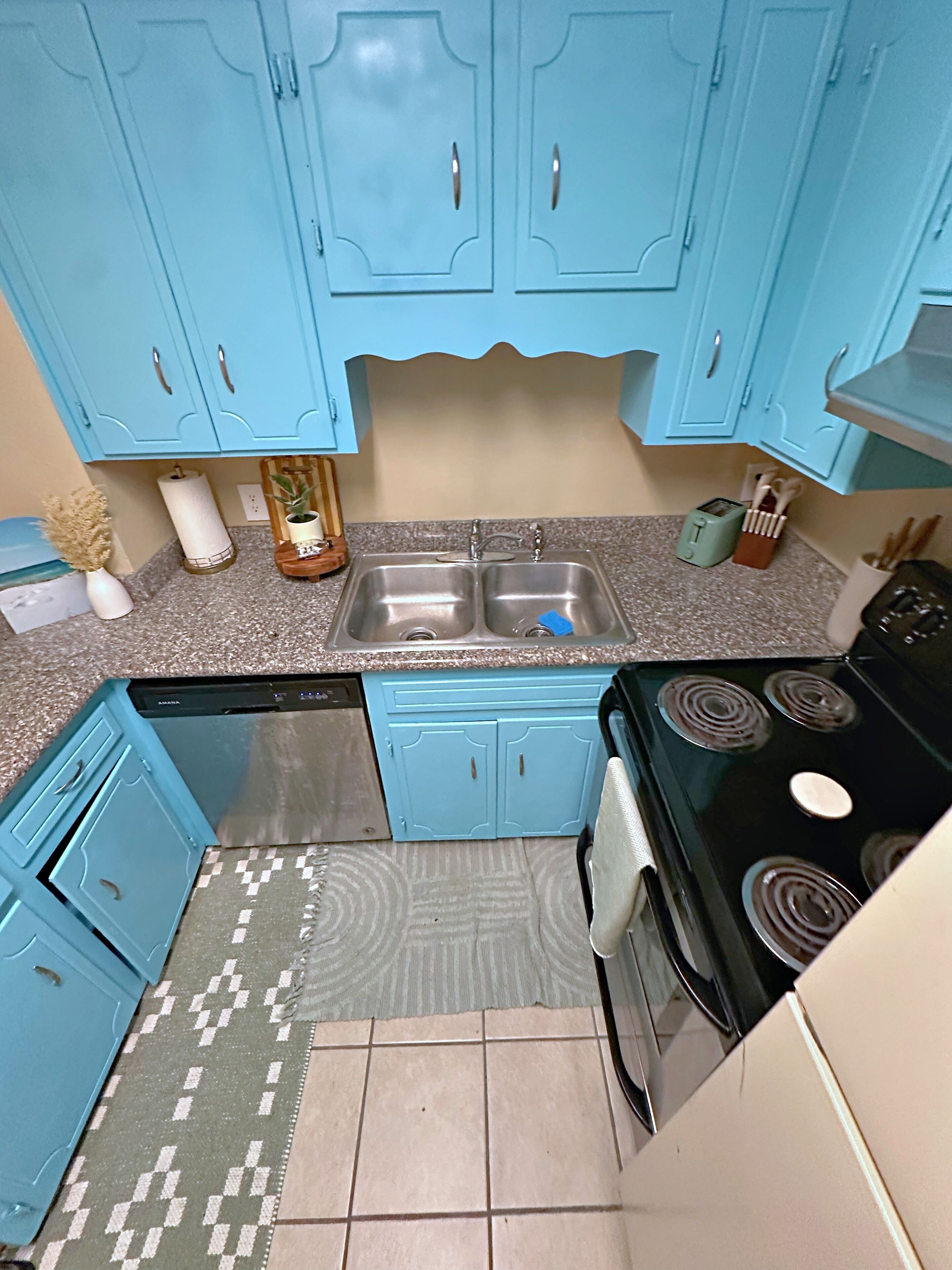 A kitchen with blue cabinets, a dishwasher, a stove, and a patterned rug.