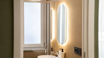 Shower, hair dryer, bidet, towels