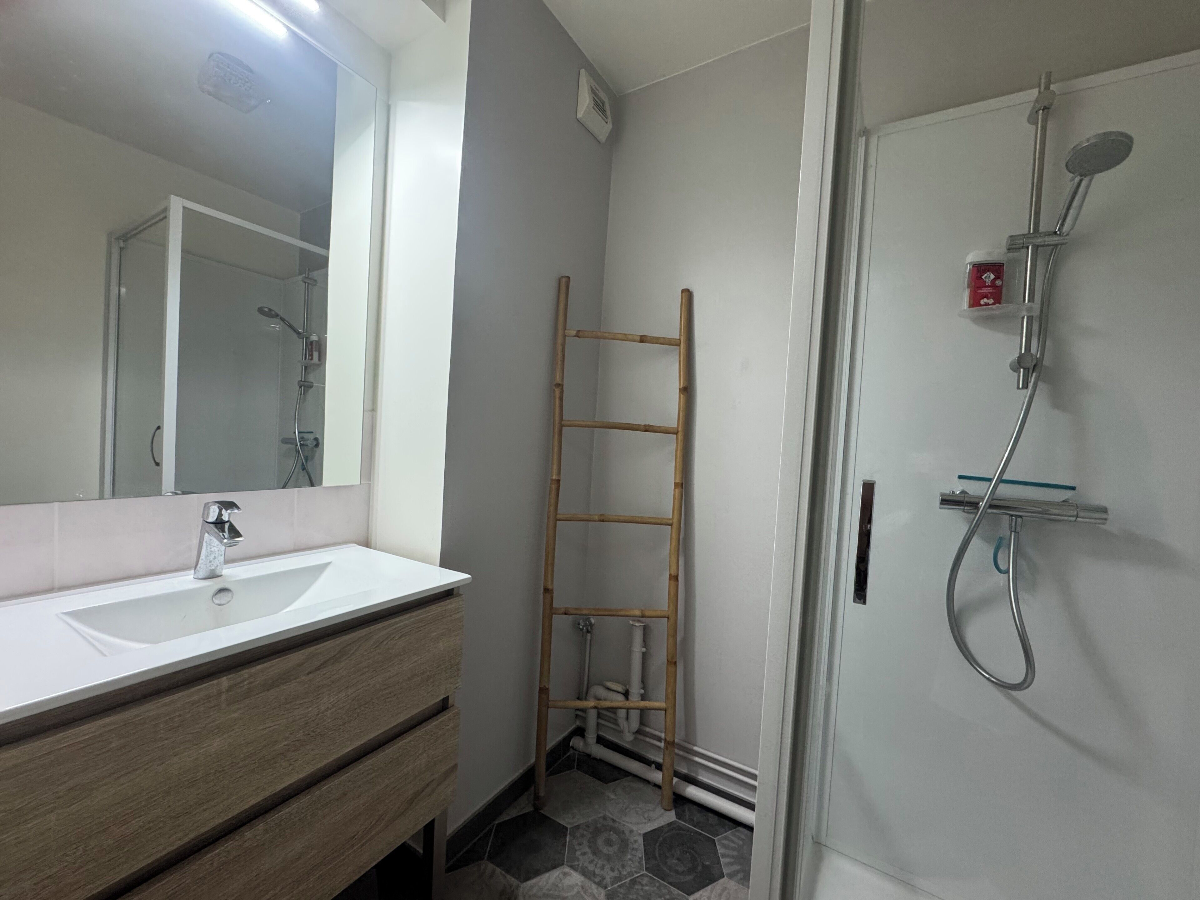 A bathroom with a white sink, mirror, and shower.
