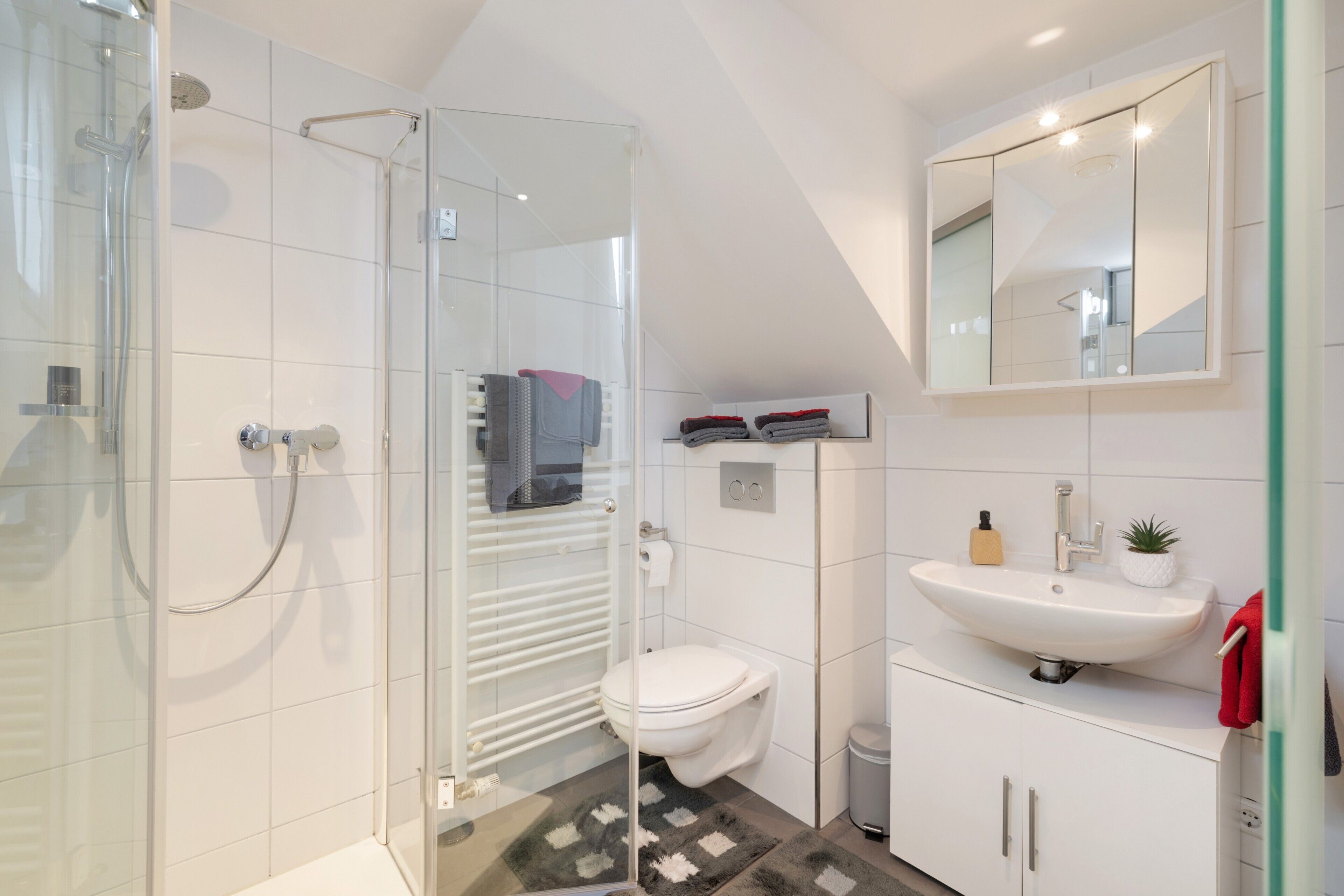 Ein modernes Badezimmer mit Duschkabine aus Glas, einer weißen Toilette, einem Waschbecken mit Spiegel darüber und einer kleinen Topfpflanze auf dem Waschbecken.