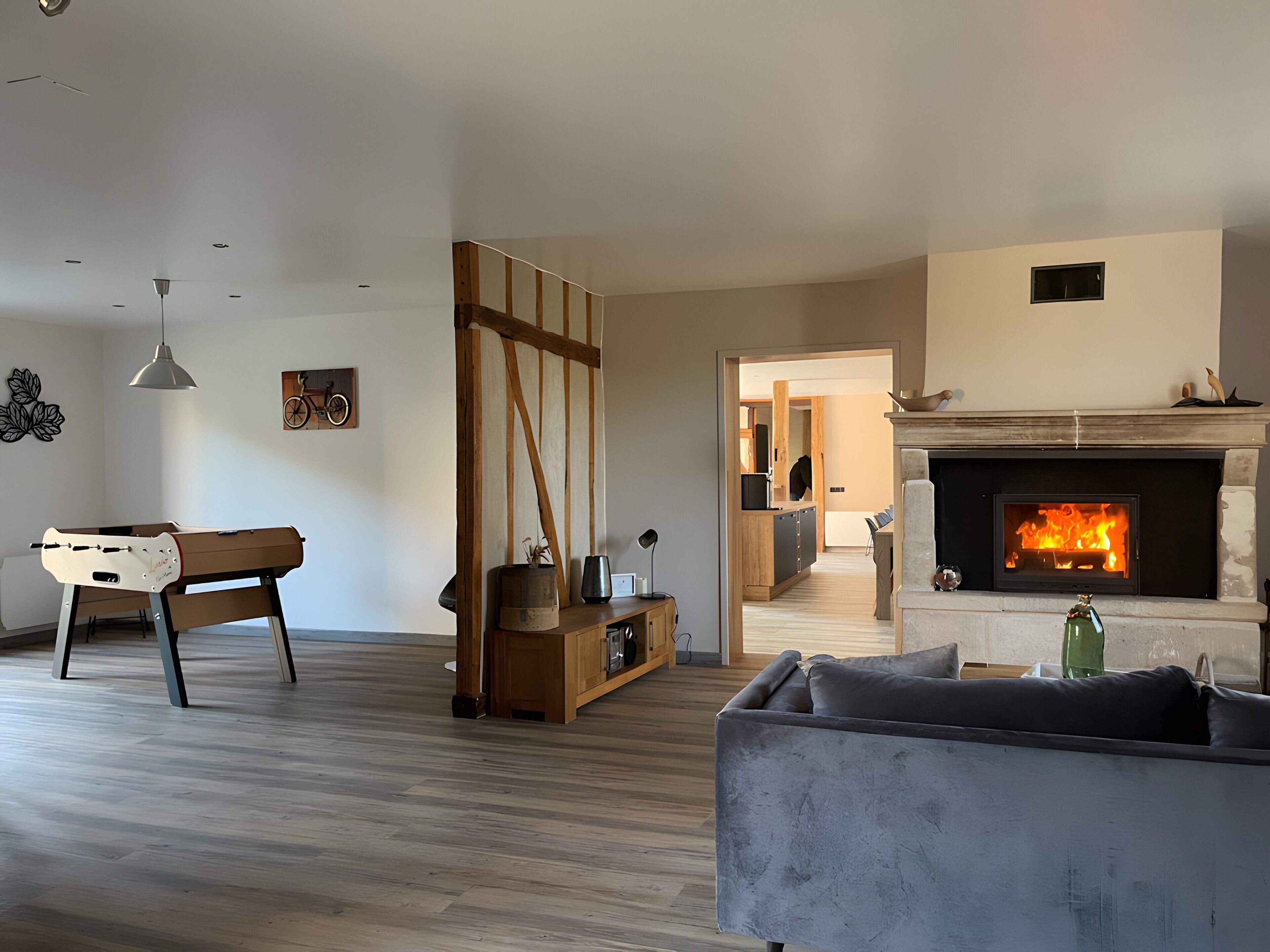 Televisión, chimenea, tenis de mesa y estéreo 