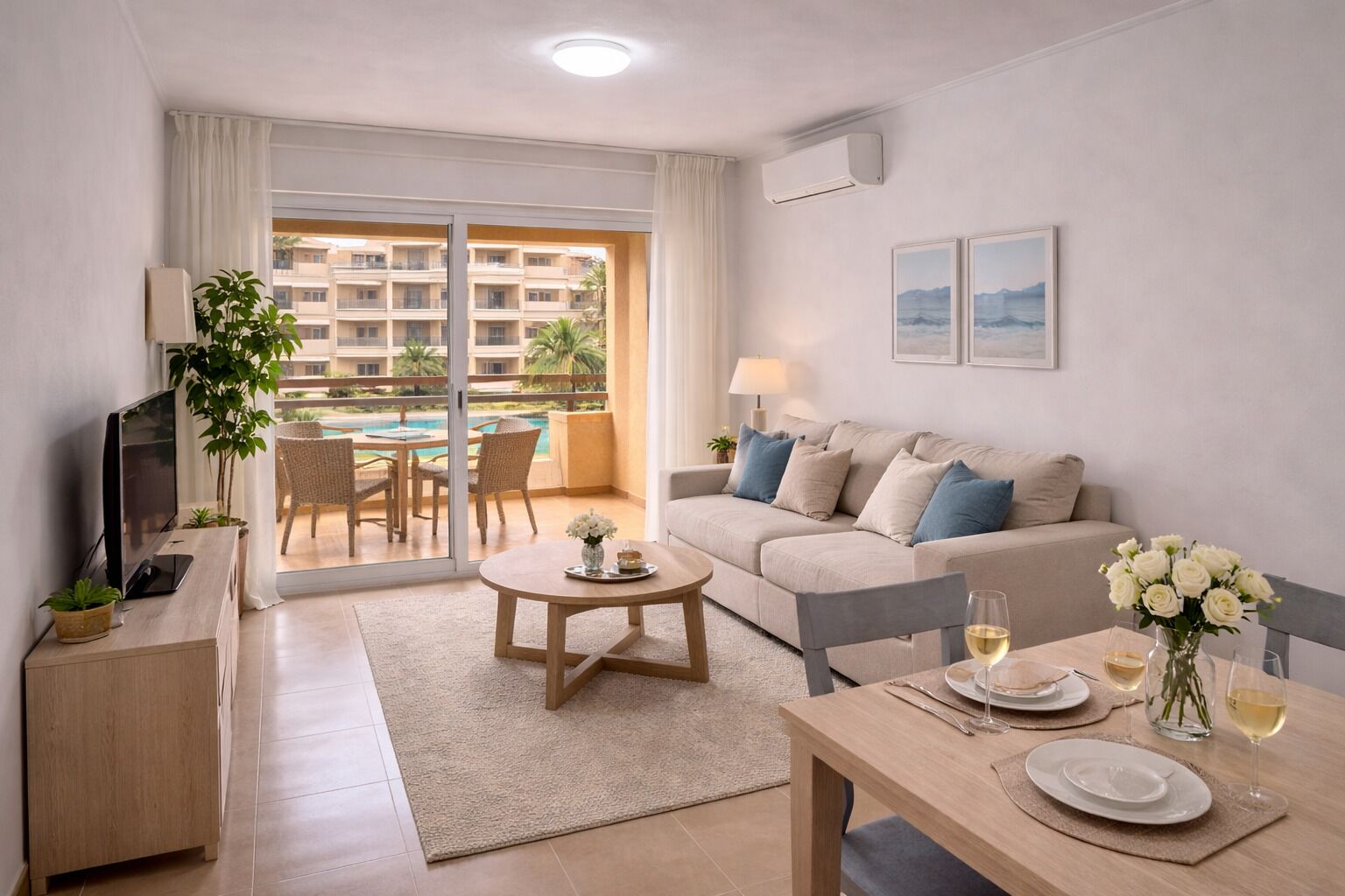 Una sala de estar moderna con un sofá, una mesa de centro, un televisor y un área de comedor con una mesa dispuesta para dos.