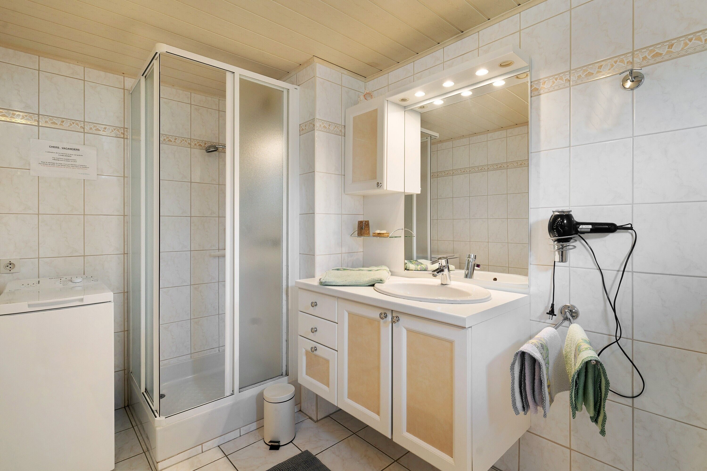 A bathroom with a shower, a sink, a mirror, and a hairdryer.