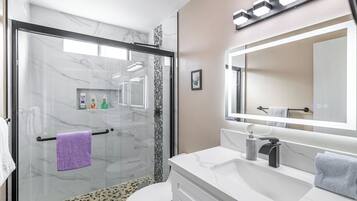 A modern bathroom with a glass shower enclosure, a white sink, and a large mirror.